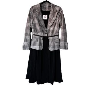 STORY Blazer Dress S Gray Black Houndstooth Plaid Midi Modest Retro Mixed Media